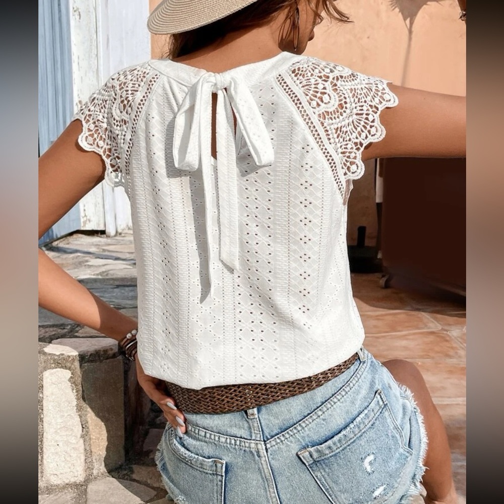 White Crop Blouse with Tie Front and Lace Details